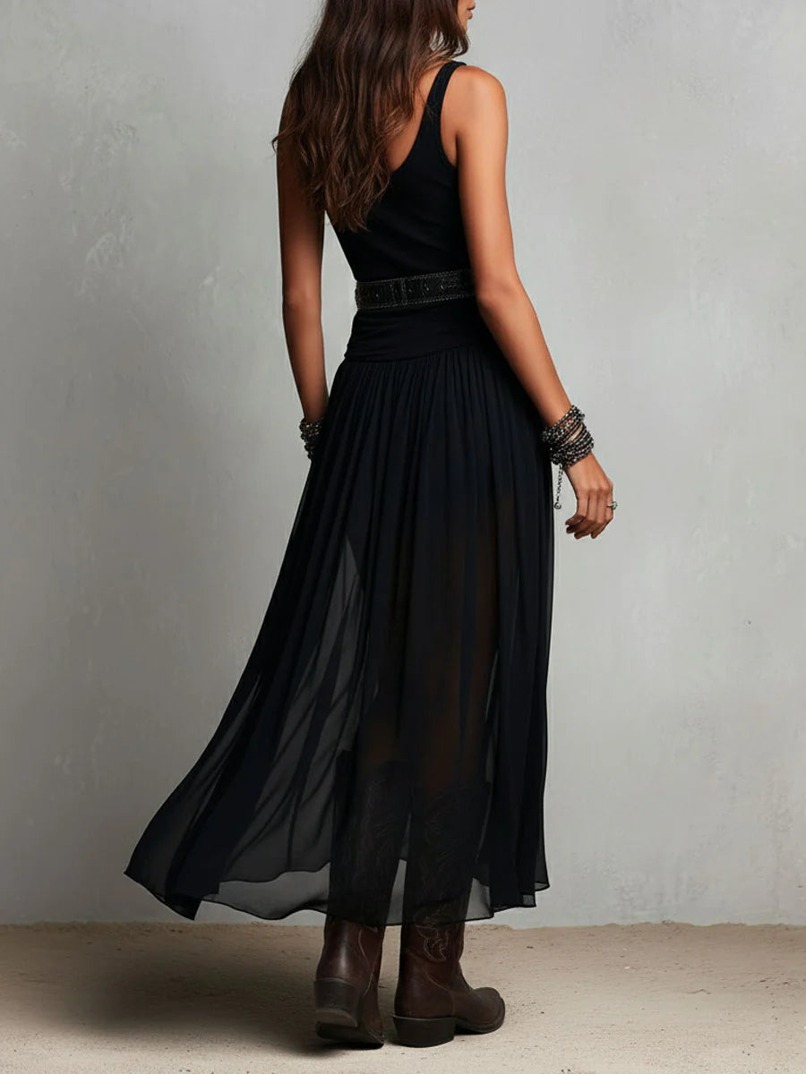 Bianca™ | Top Nero Senza Maniche con Gonna Maxi in Tulle