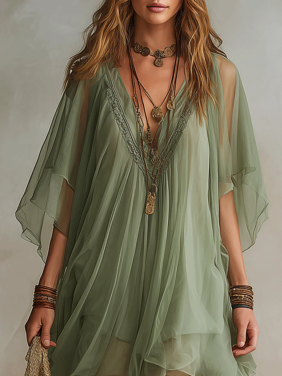 Chiara™ | Abito Mini Chiffon Verde Scollo a V