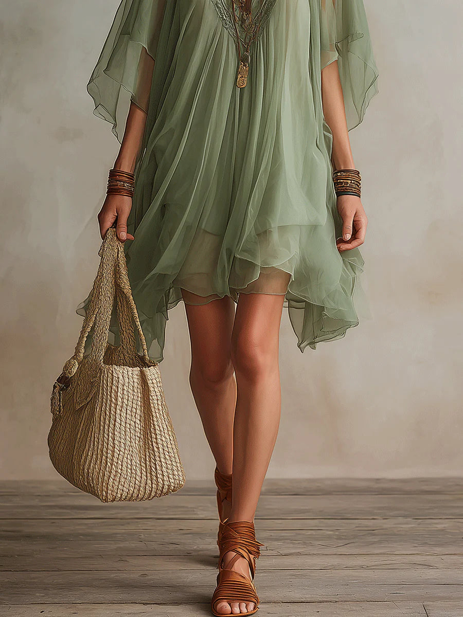 Chiara™ | Abito Mini Chiffon Verde Scollo a V