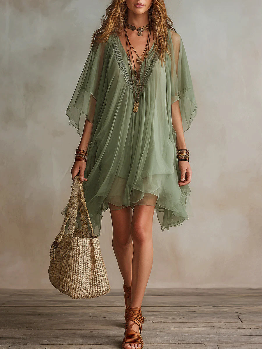 Chiara™ | Abito Mini Chiffon Verde Scollo a V