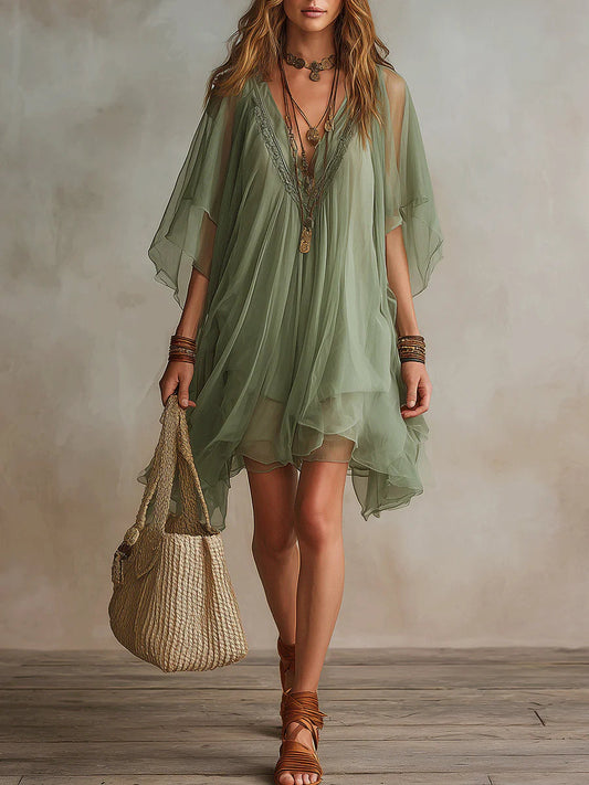 Chiara™ | Abito Mini Chiffon Verde Scollo a V