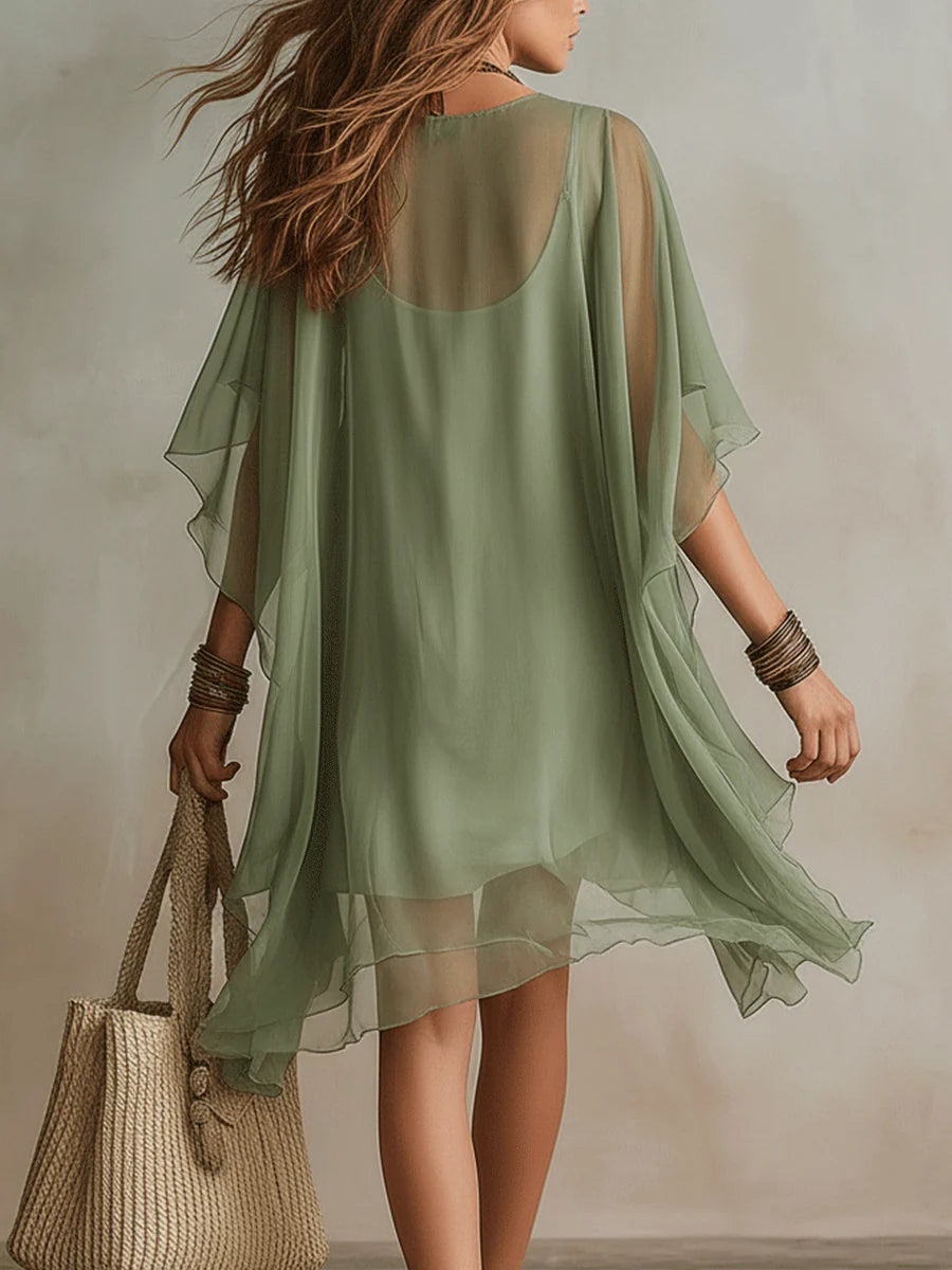 Chiara™ | Abito Mini Chiffon Verde Scollo a V