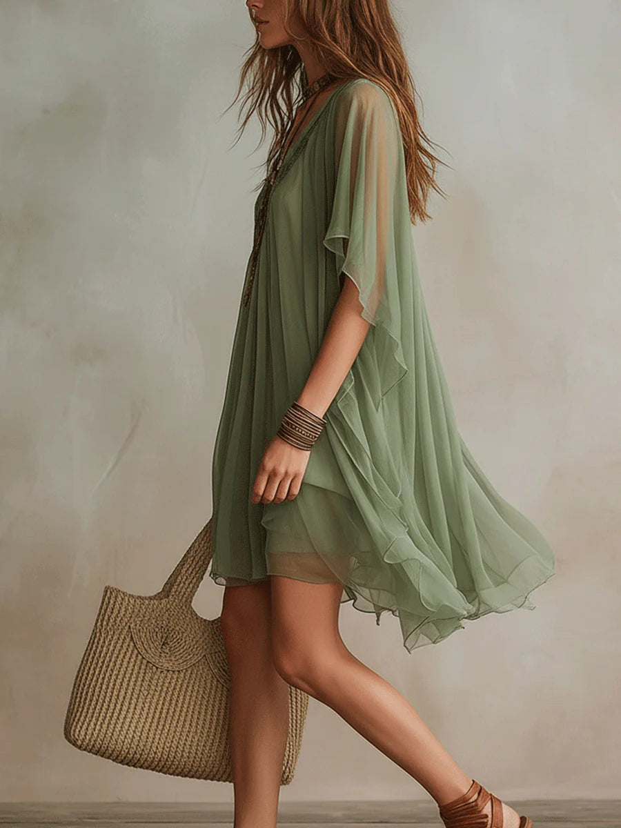 Chiara™ | Abito Mini Chiffon Verde Scollo a V