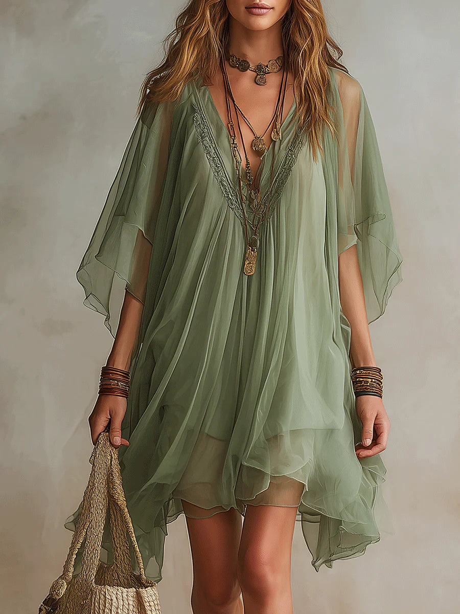 Chiara™ | Abito Mini Chiffon Verde Scollo a V