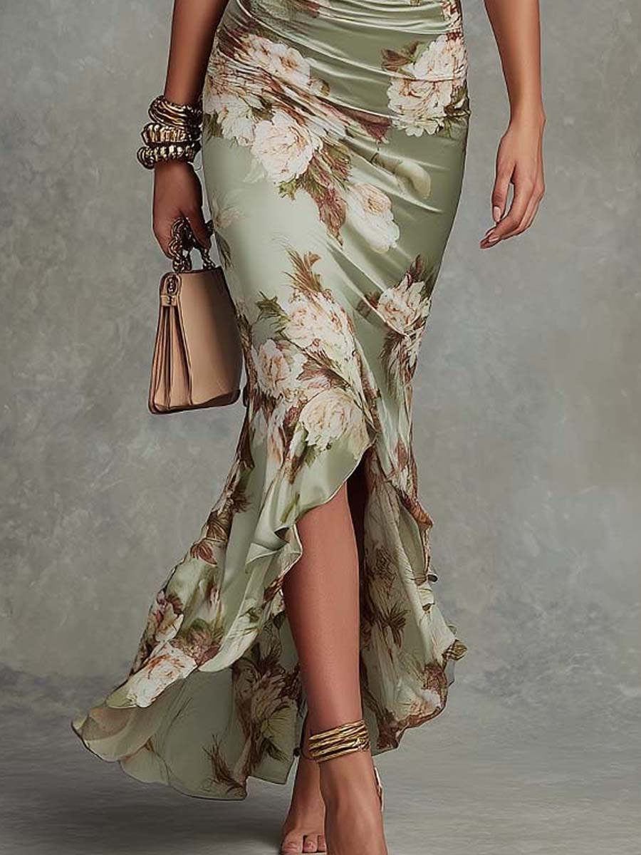 Anna™ | Abito Lungo Asimmetrico in Satin Verde con Stampa Floreale