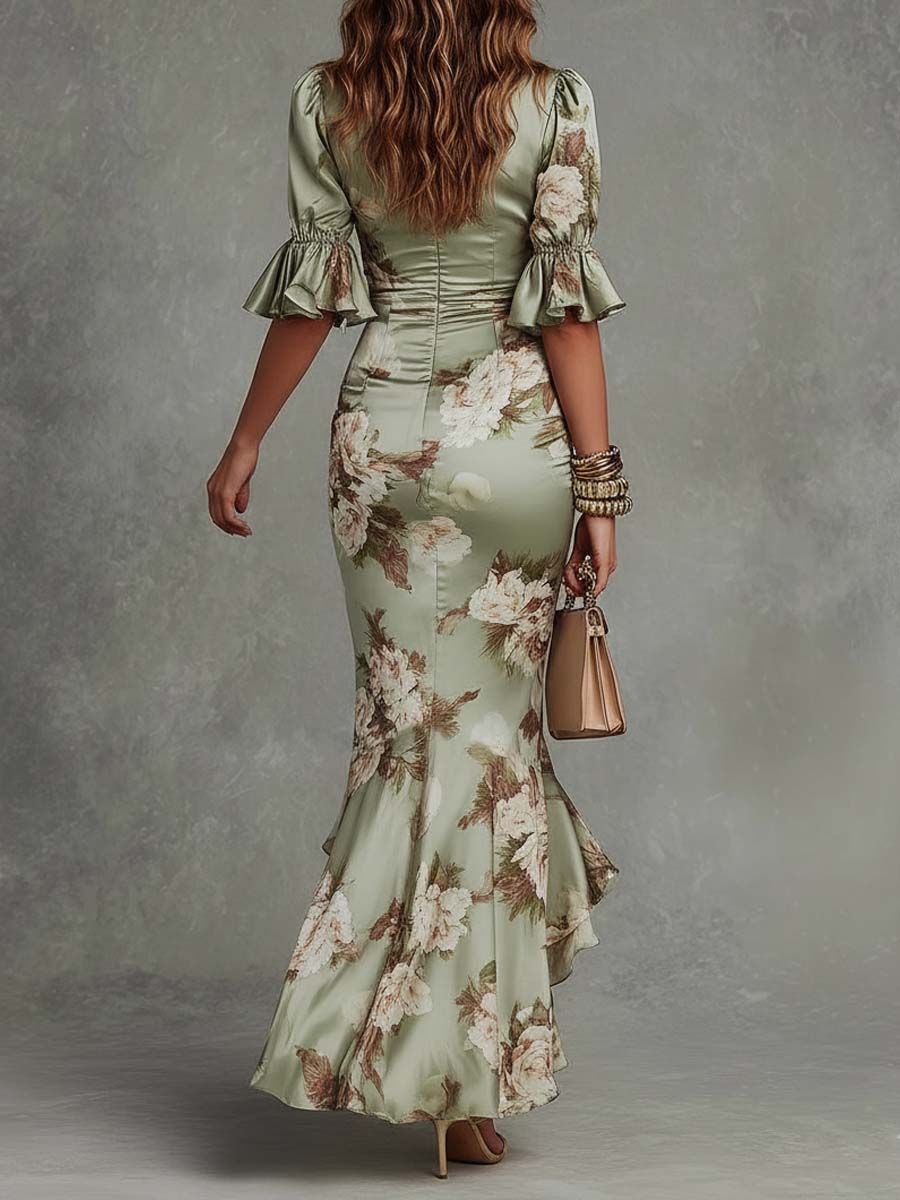 Anna™ | Abito Lungo Asimmetrico in Satin Verde con Stampa Floreale