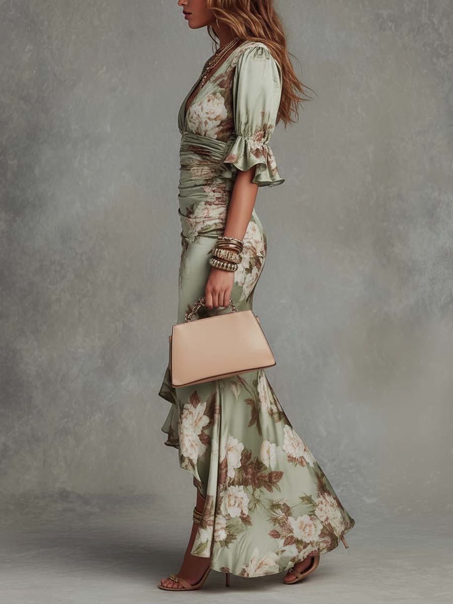 Anna™ | Abito Lungo Asimmetrico in Satin Verde con Stampa Floreale