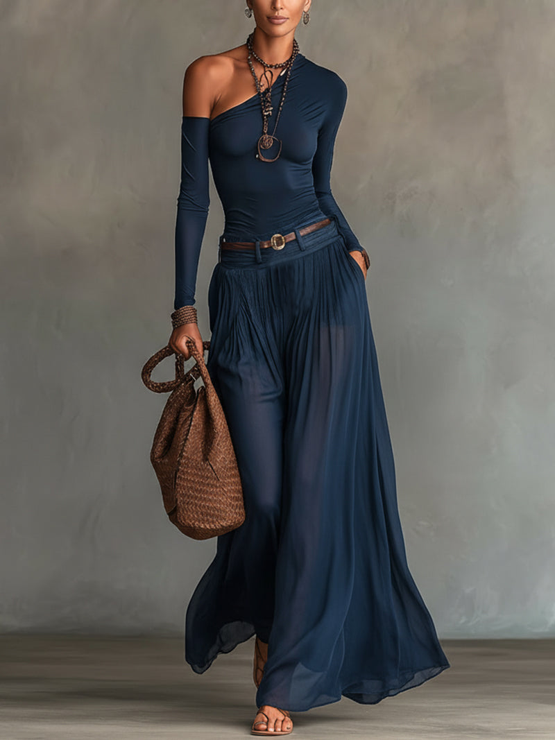 Elena™ | Set Top a Spalla Scoperta e Gonna in Tulle Celeste