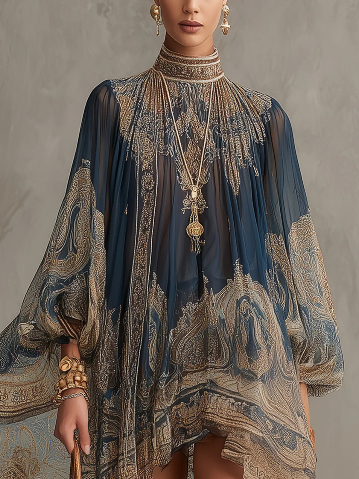 Bianca™ | Abito Mini in Chiffon Asimmetrico con Stampa Barocca Blu Navy