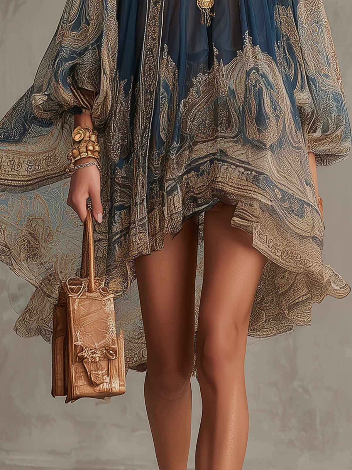 Bianca™ | Abito Mini in Chiffon Asimmetrico con Stampa Barocca Blu Navy
