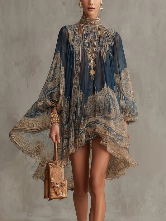 Bianca™ | Abito Mini in Chiffon Asimmetrico con Stampa Barocca Blu Navy