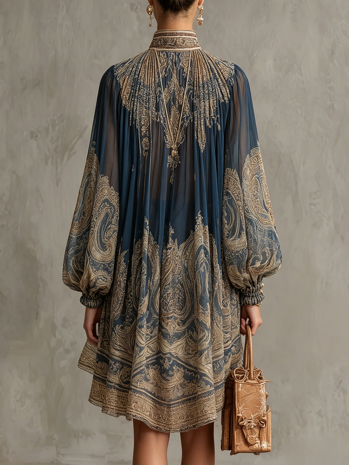 Bianca™ | Abito Mini in Chiffon Asimmetrico con Stampa Barocca Blu Navy