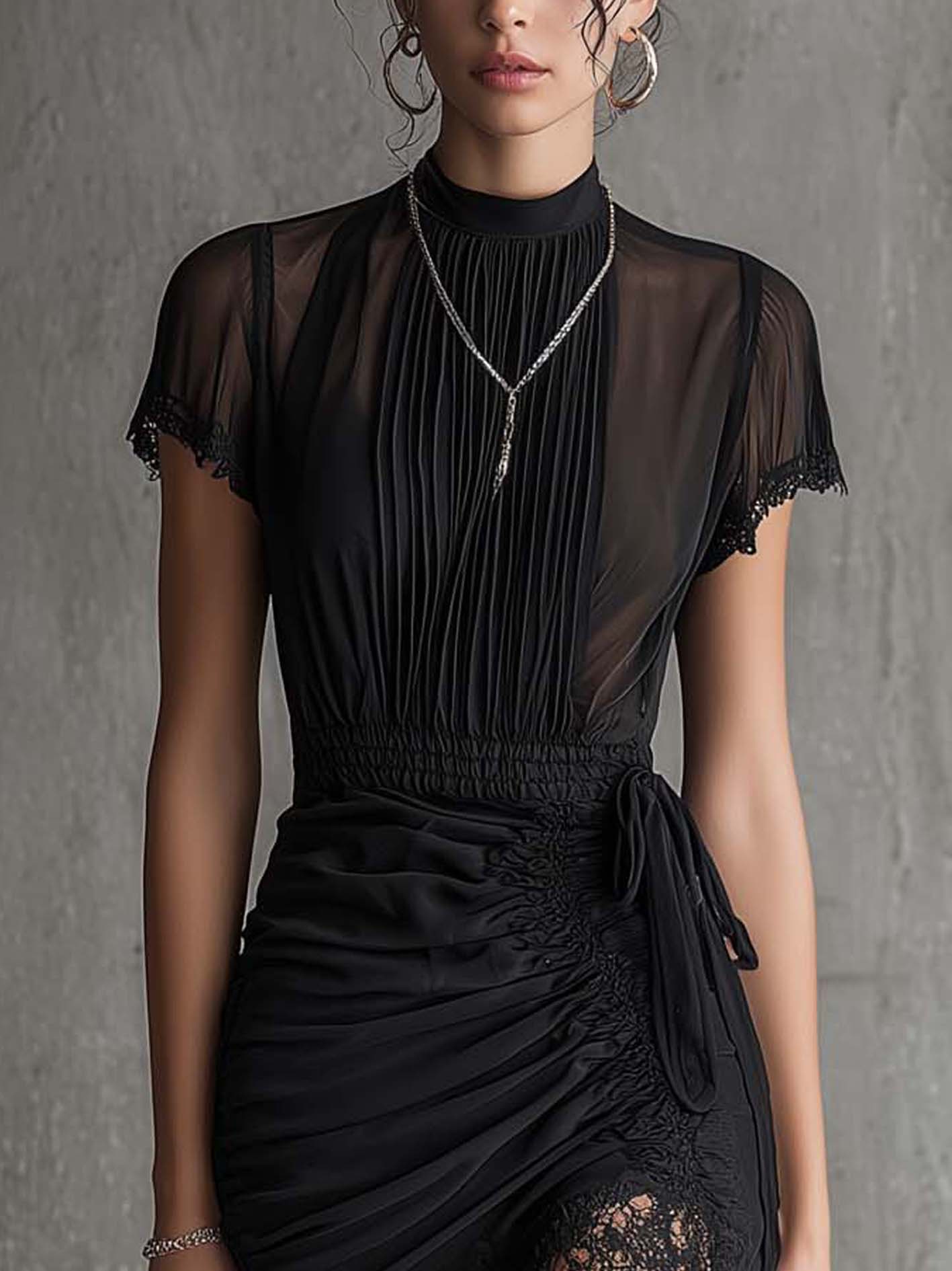 Eleonora™ | Abito Mini Chiffon Nero in Pizzo