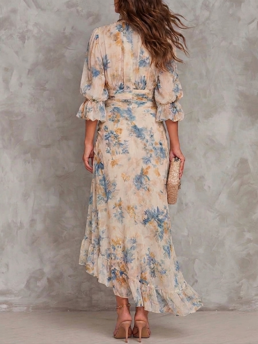 Eleonora™ | Abito Maxi Chiffon Floreale Asimmetrico Beige