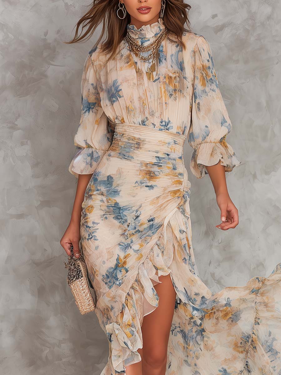 Eleonora™ | Abito Maxi Chiffon Floreale Asimmetrico Beige