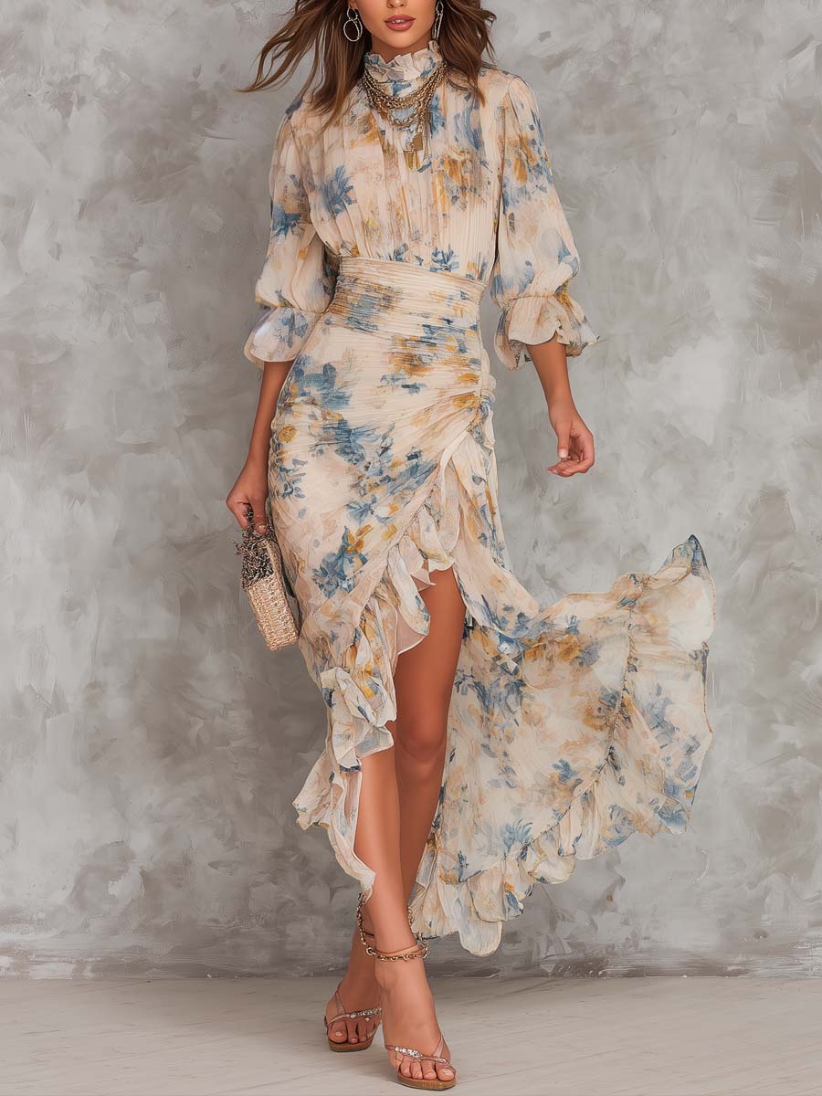 Eleonora™ | Abito Maxi Chiffon Floreale Asimmetrico Beige