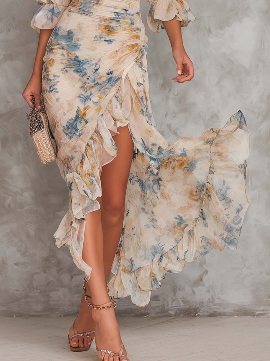 Eleonora™ | Abito Maxi Chiffon Floreale Asimmetrico Beige