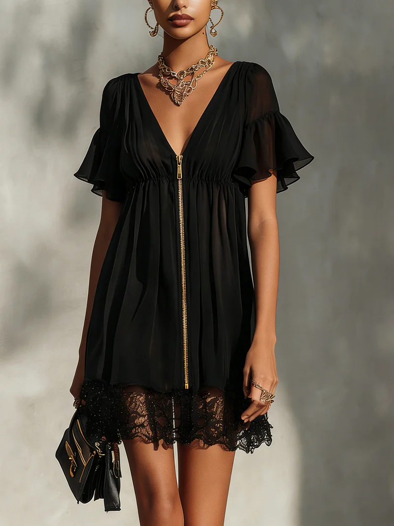 Bianca™ | Abito Mini Nero in Pizzo con Zip