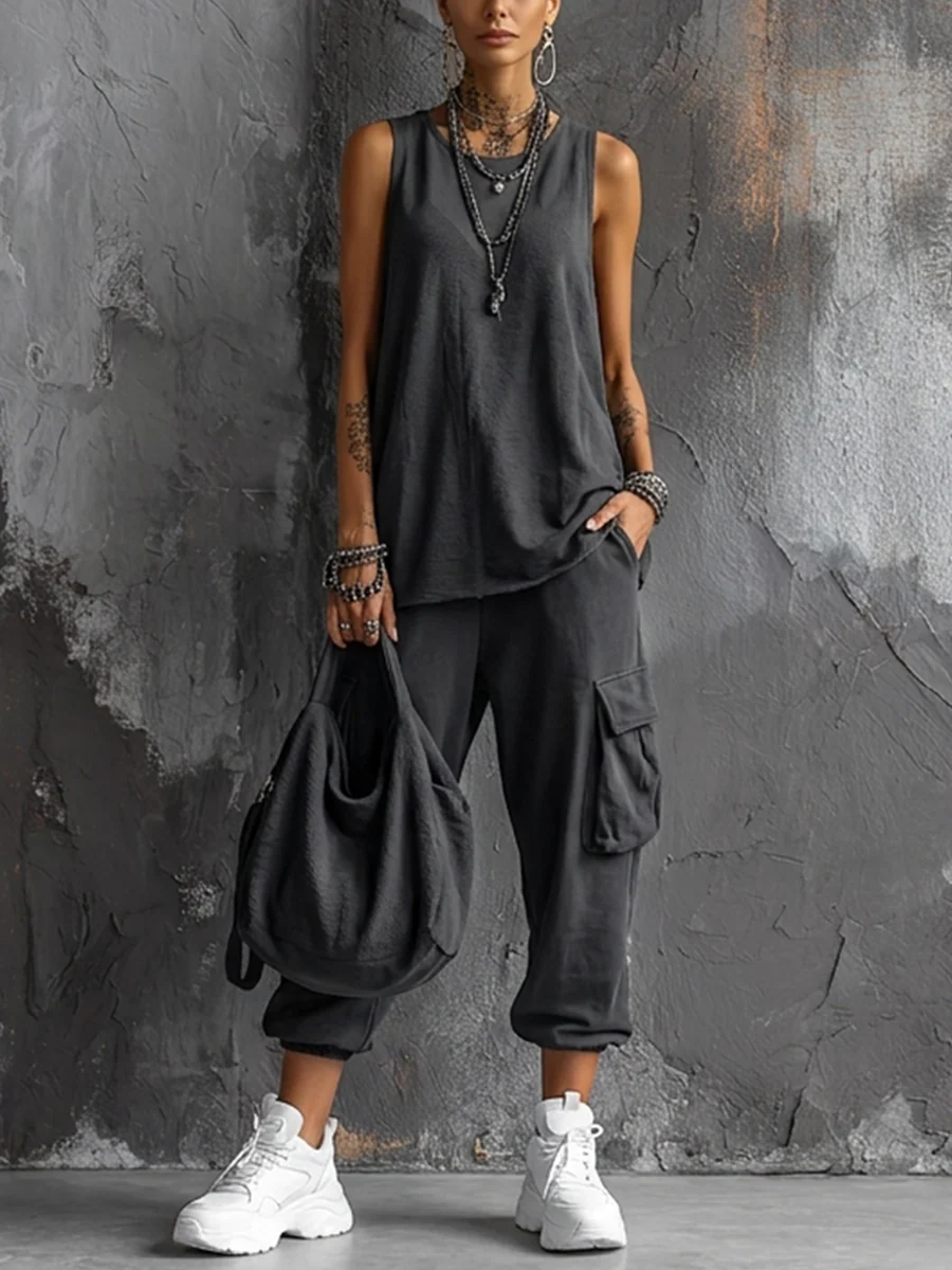 Chiara™ | Set Gilet e Pantaloni Cargo Grigio Scuro