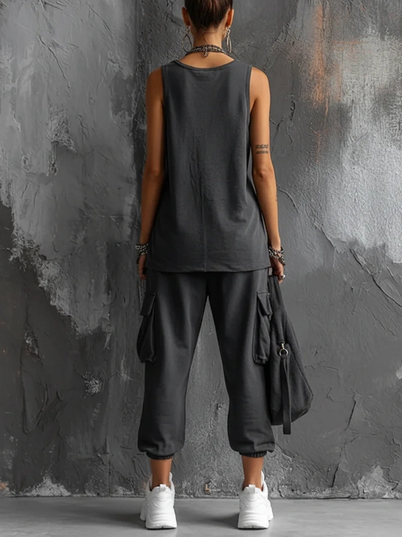 Chiara™ | Set Gilet e Pantaloni Cargo Grigio Scuro