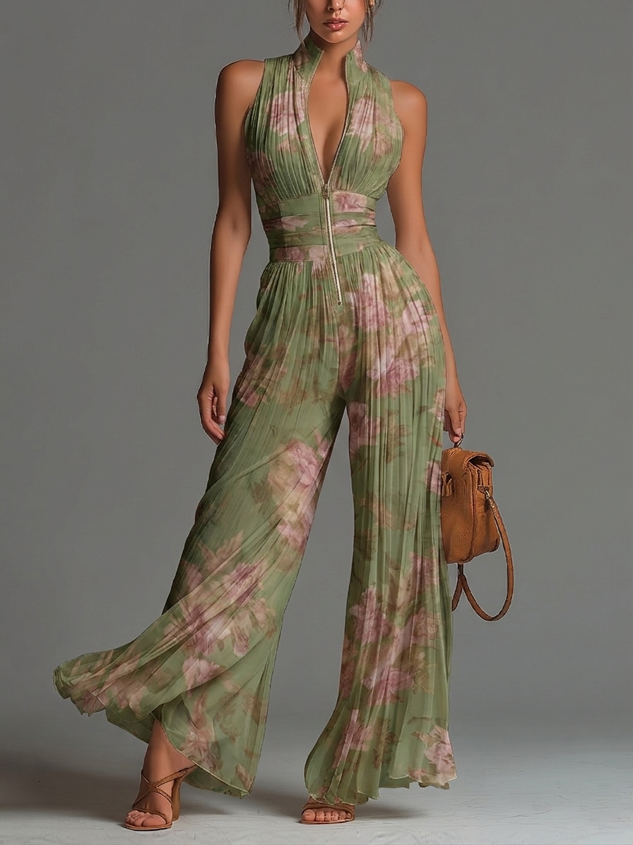 Giulia™ | Jumpsuit Chiffon Floreale Verde Plissettato