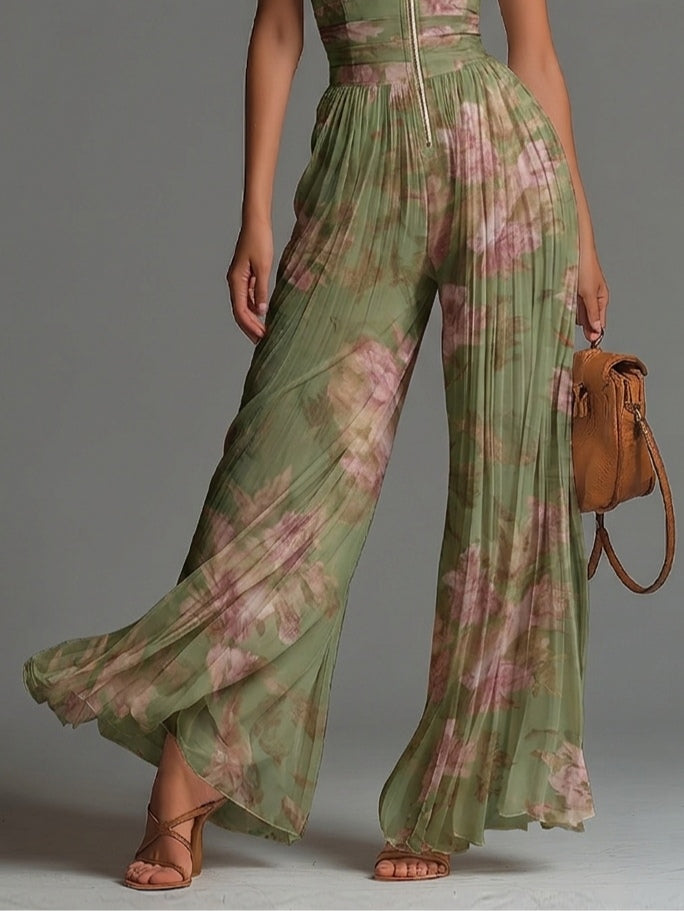 Giulia™ | Jumpsuit Chiffon Floreale Verde Plissettato