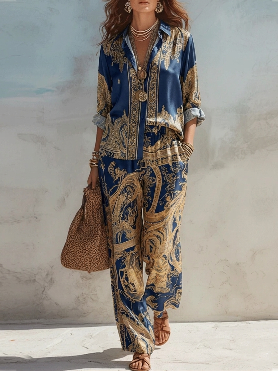 Giulia™ | Set Camicia Barocca Blu e Pantaloni Larghi