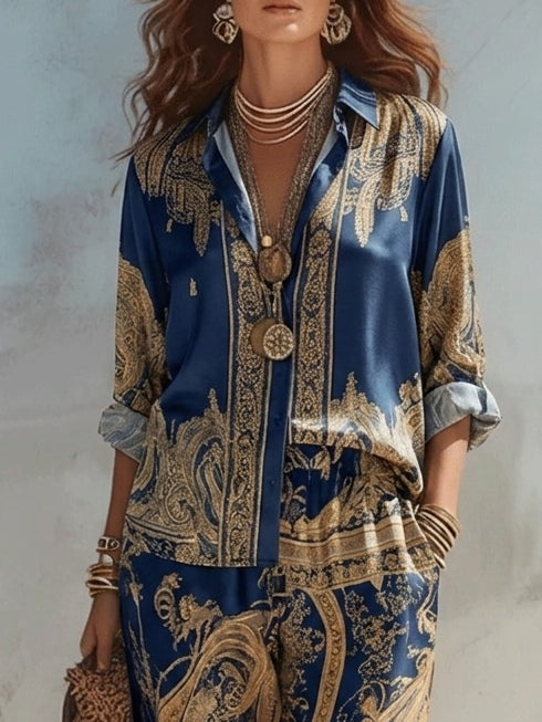 Giulia™ | Set Camicia Barocca Blu e Pantaloni Larghi