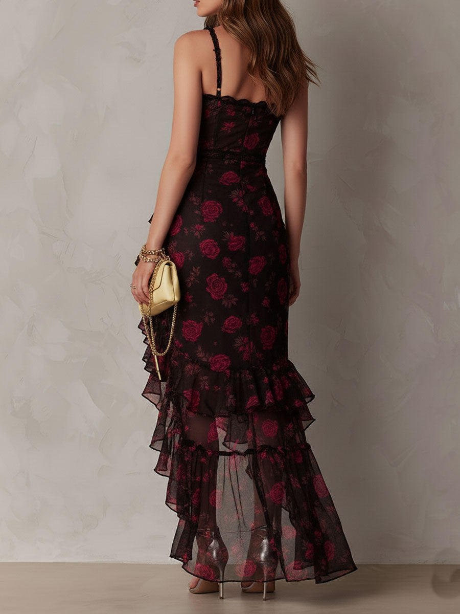 Valentina™ | Abito Chic Nero e Rosso con Rouches e Volant