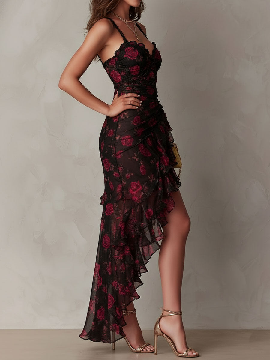 Valentina™ | Abito Chic Nero e Rosso con Rouches e Volant