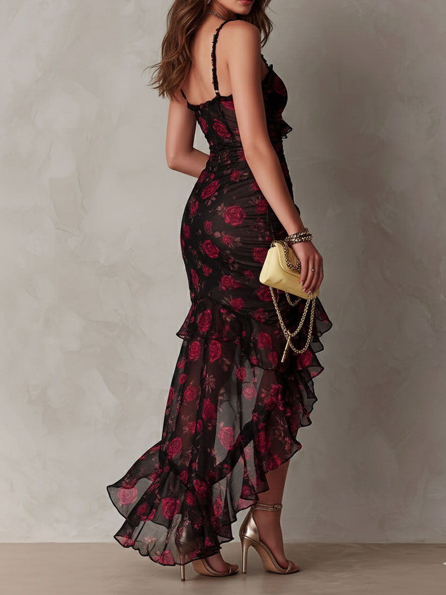 Valentina™ | Abito Chic Nero e Rosso con Rouches e Volant