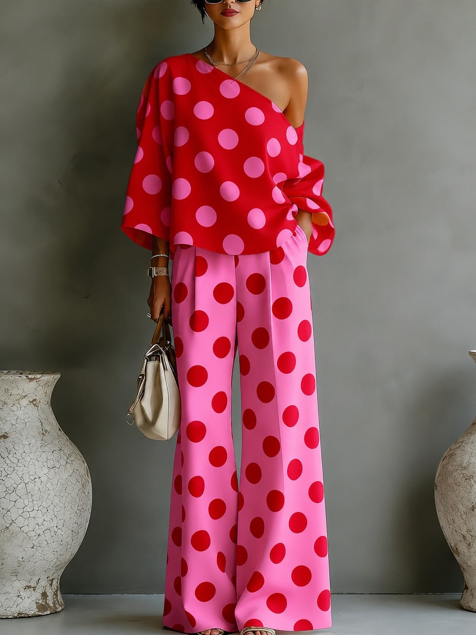 Chiara™ | Set Off-Shoulder Rosa a Pois con Pantaloni Larghi