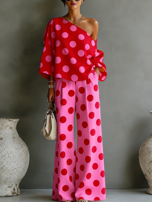 Chiara™ | Set Off-Shoulder Rosa a Pois con Pantaloni Larghi