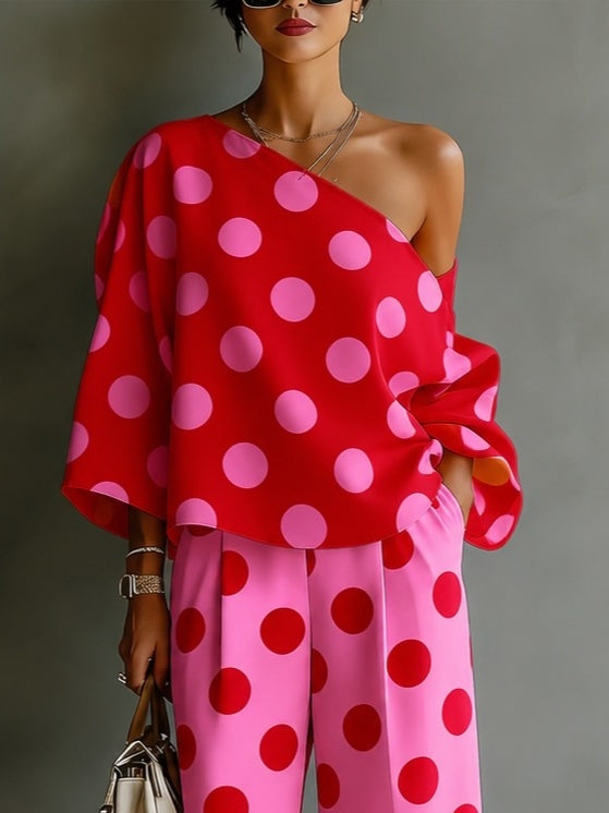 Chiara™ | Set Off-Shoulder Rosa a Pois con Pantaloni Larghi