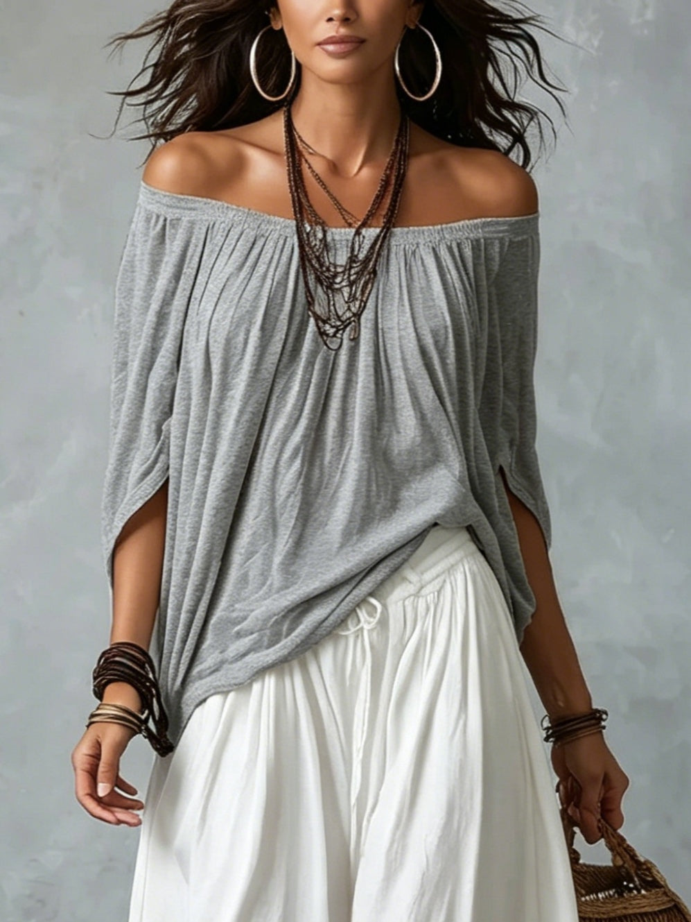 Chiara™ | Set Off-Shoulder Grigio e Pantaloni Bianchi Larghi