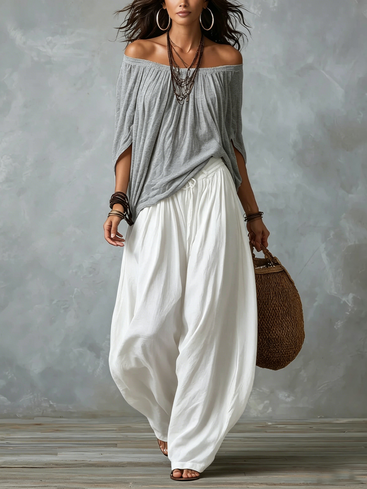 Chiara™ | Set Off-Shoulder Grigio e Pantaloni Bianchi Larghi