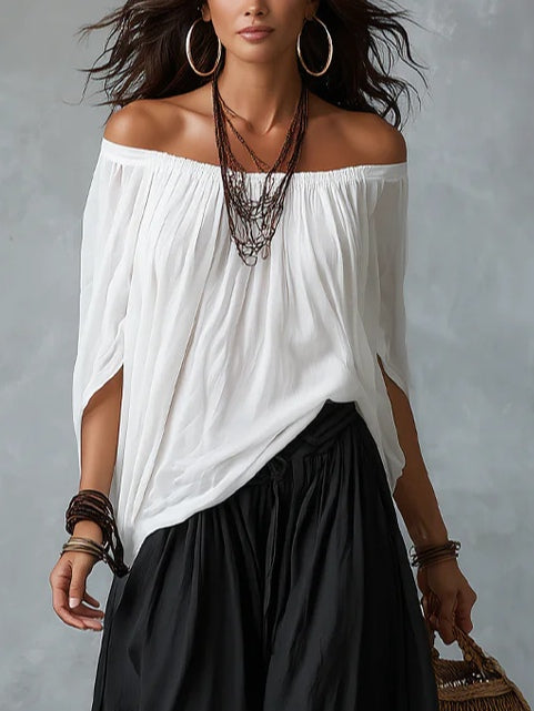 Chiara™ | Top Off-Shoulder Bianco con Pantaloni Larghi a Zampa