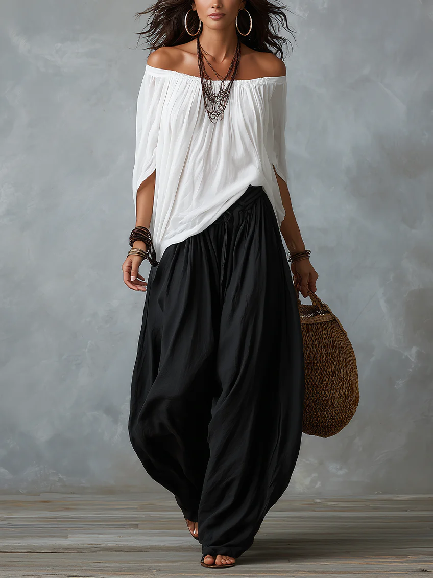 Chiara™ | Top Off-Shoulder Bianco con Pantaloni Larghi a Zampa