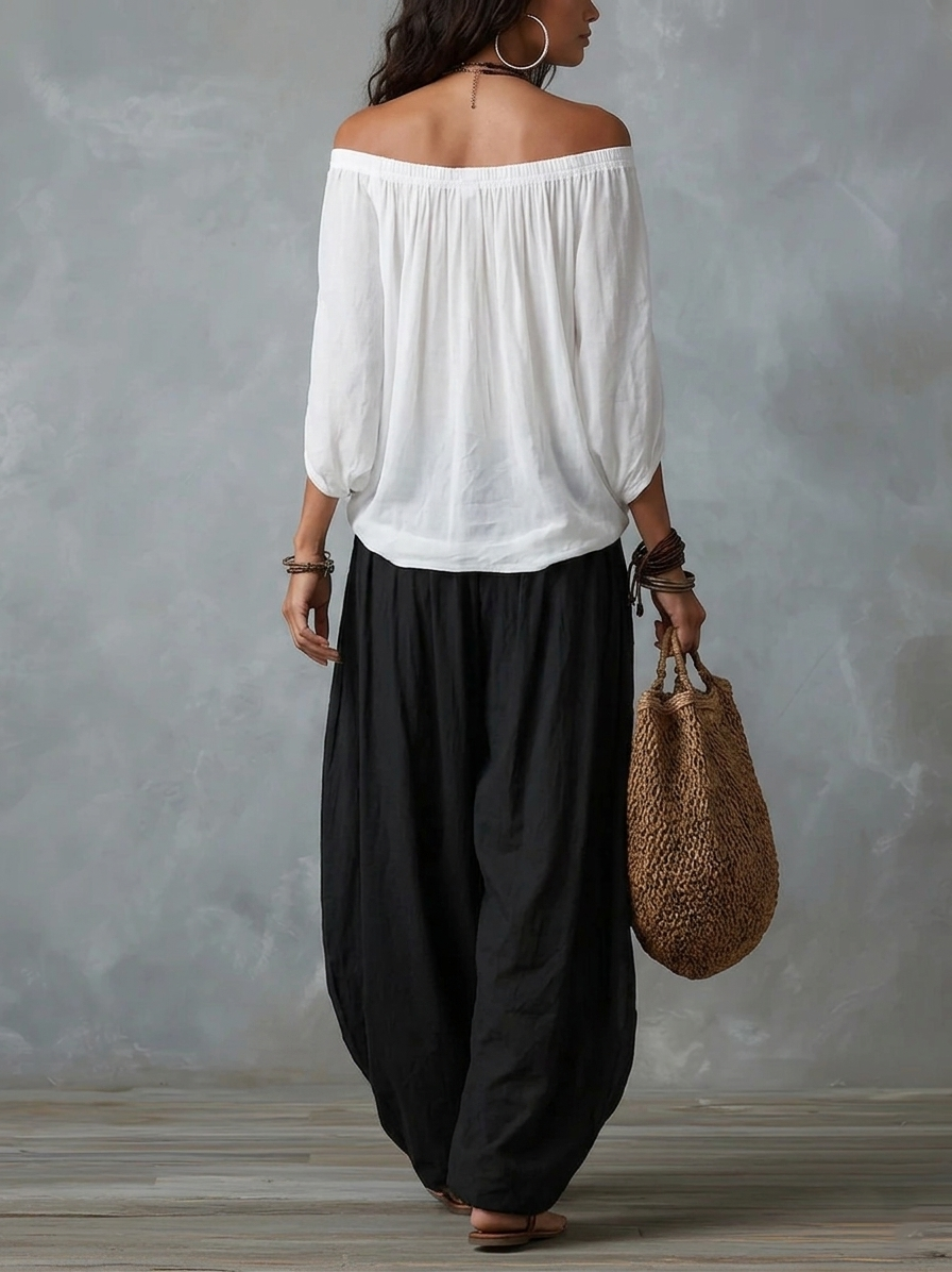 Chiara™ | Top Off-Shoulder Bianco con Pantaloni Larghi a Zampa