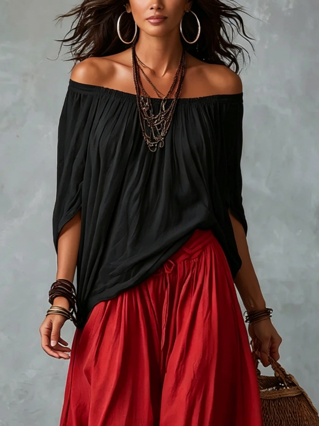 Chiara™ | Set Off-Shoulder Nero e Pantaloni Larghi Rossi