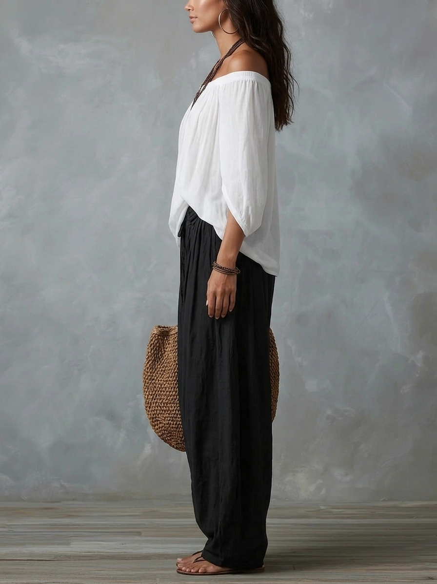 Chiara™ | Top Off-Shoulder Bianco con Pantaloni Larghi a Zampa