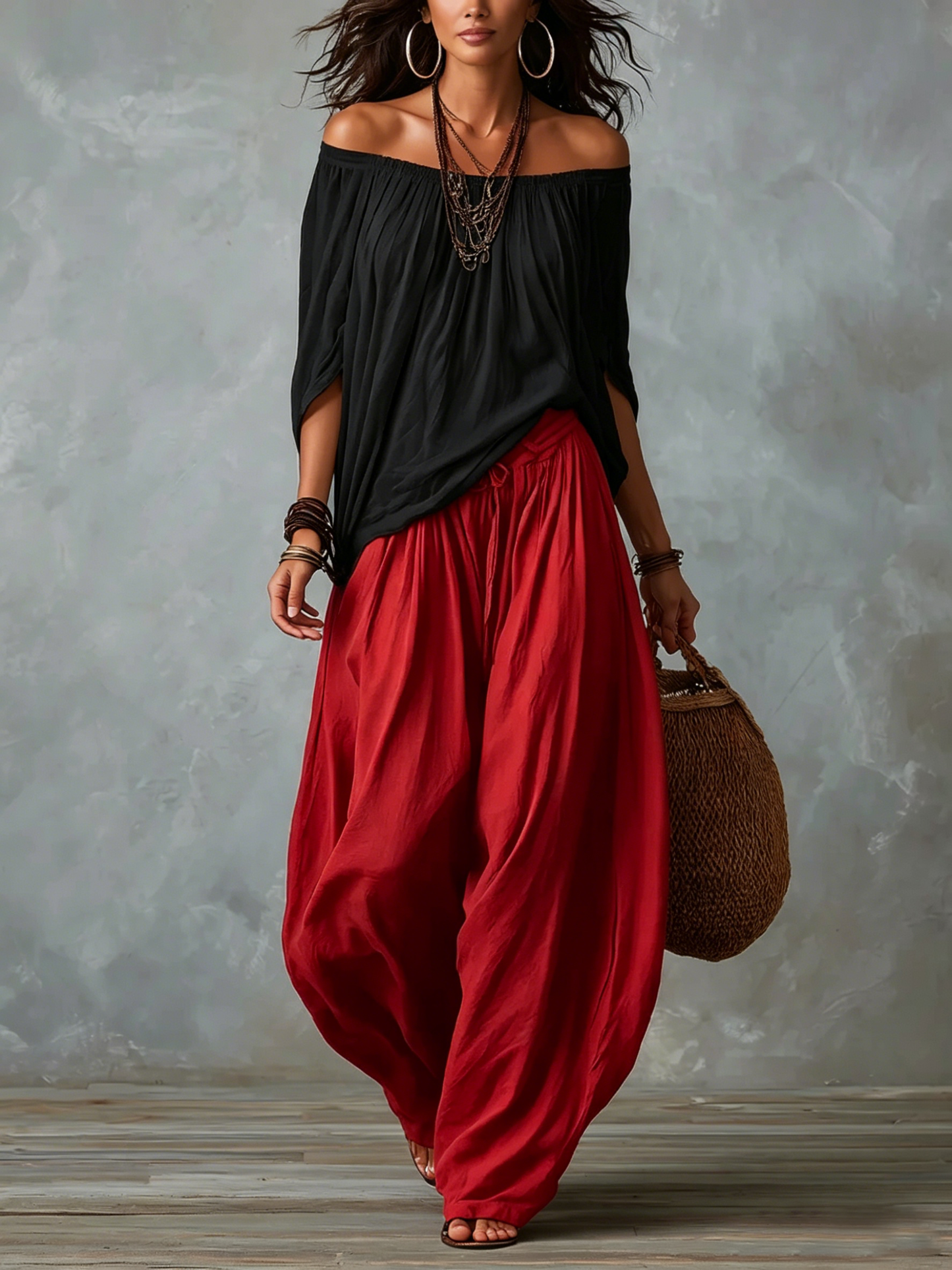 Chiara™ | Set Off-Shoulder Nero e Pantaloni Larghi Rossi