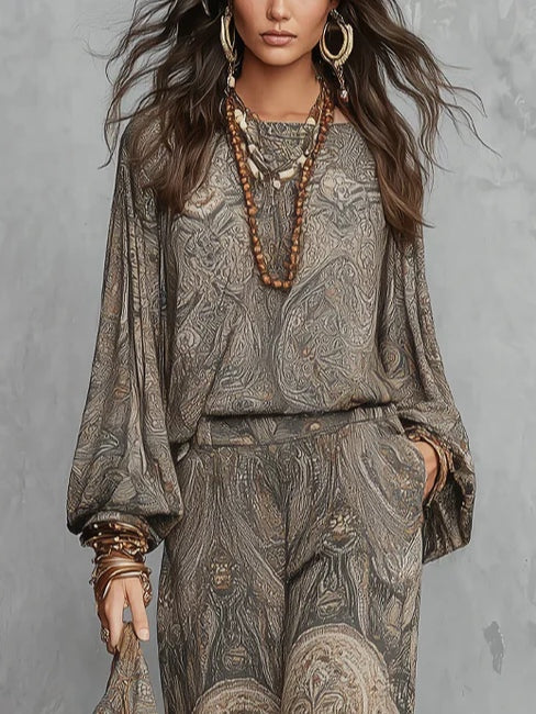 Sofia™ | Set Paisley Grigio Top e Pantaloni Larghi