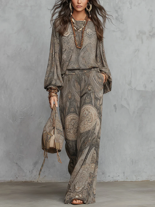 Sofia™ | Set Paisley Grigio Top e Pantaloni Larghi