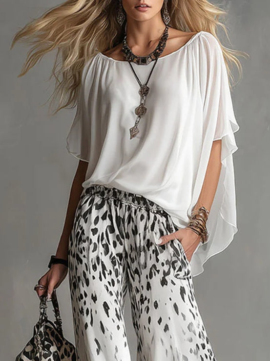 Chiara™ | Set T-Shirt Bianca e Pantaloni Leopardati in Chiffon