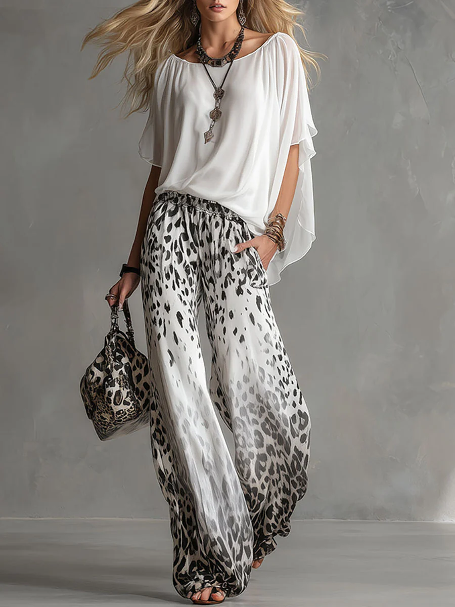 Chiara™ | Set T-Shirt Bianca e Pantaloni Leopardati in Chiffon