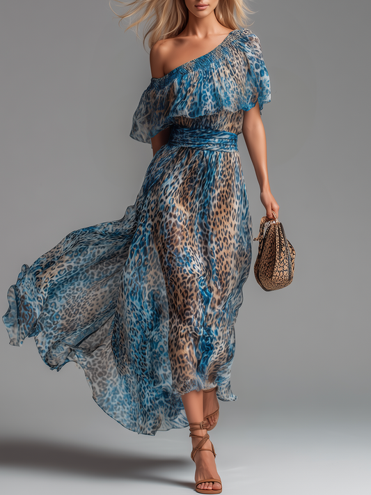 Giulia™ | Abito Lungo in Chiffon Leopardato con Spalle Scoperte