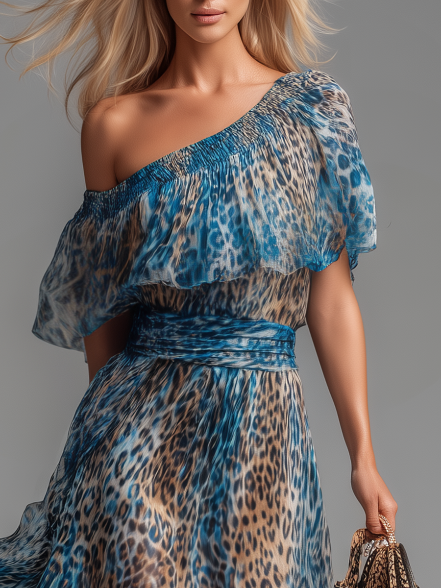Giulia™ | Abito Lungo in Chiffon Leopardato con Spalle Scoperte