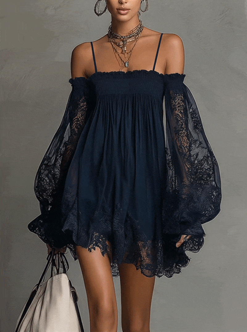 Noemi™ | Mini Abito in Chiffon Blu Navy con Spalle Scoperte e Pizzo
