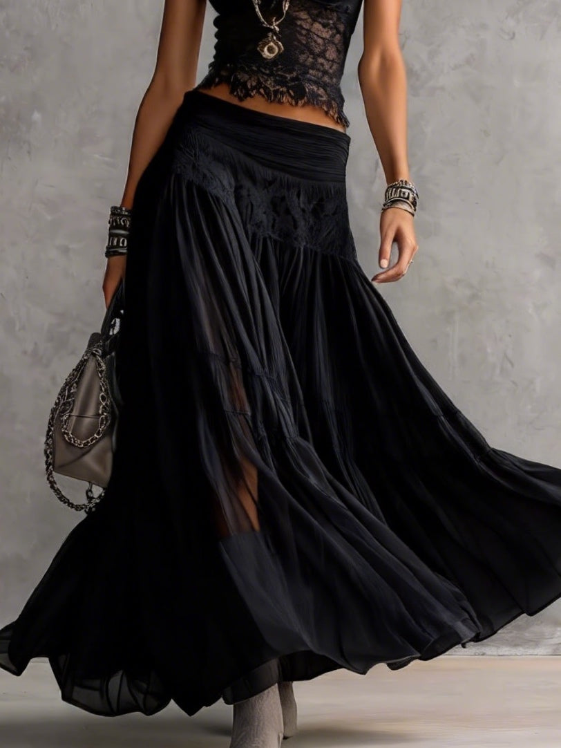 Bianca™ | Top Nero in Pizzo Trasparente con Gonna Maxi Plissettata